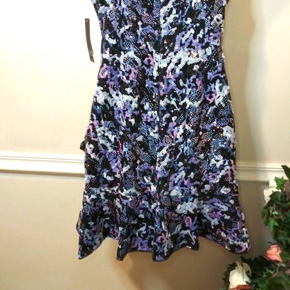 Aidan By Aidan Mattox Halter Neck Style Blue/Multi Sequin Covered Cocktail Dress - Picture 10 of 14